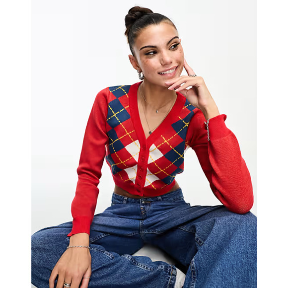 Daisy Street Red Argyle Sweater 90's Cardigan Cropped Academia Preppy Small NWT - Picture 1 of 11